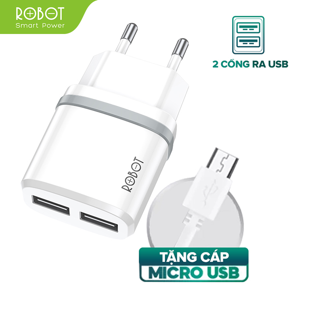 Củ sạc Robot RTK9 cốc sạc 2 cổng sạc USB kèm cáp sạc micro sạc nhanh tiêu chuẩn 2.1A chip xử lý thông minh tự động điều chỉnh dòng điện dùng cho samsung iphone htc xiaomi asus vivo oppo huawei realme google l