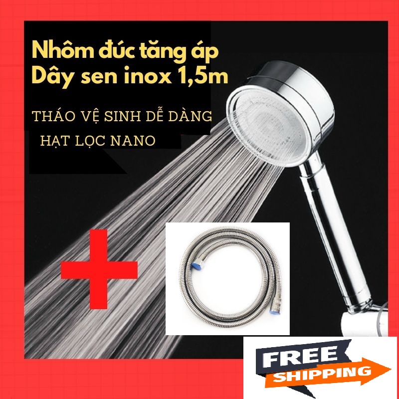Vòi sen nhôm tăng áp 300% kèm dây sen, hạt lọc nano, tháo vệ sinh dễ dàng, bảo hành 12 tháng