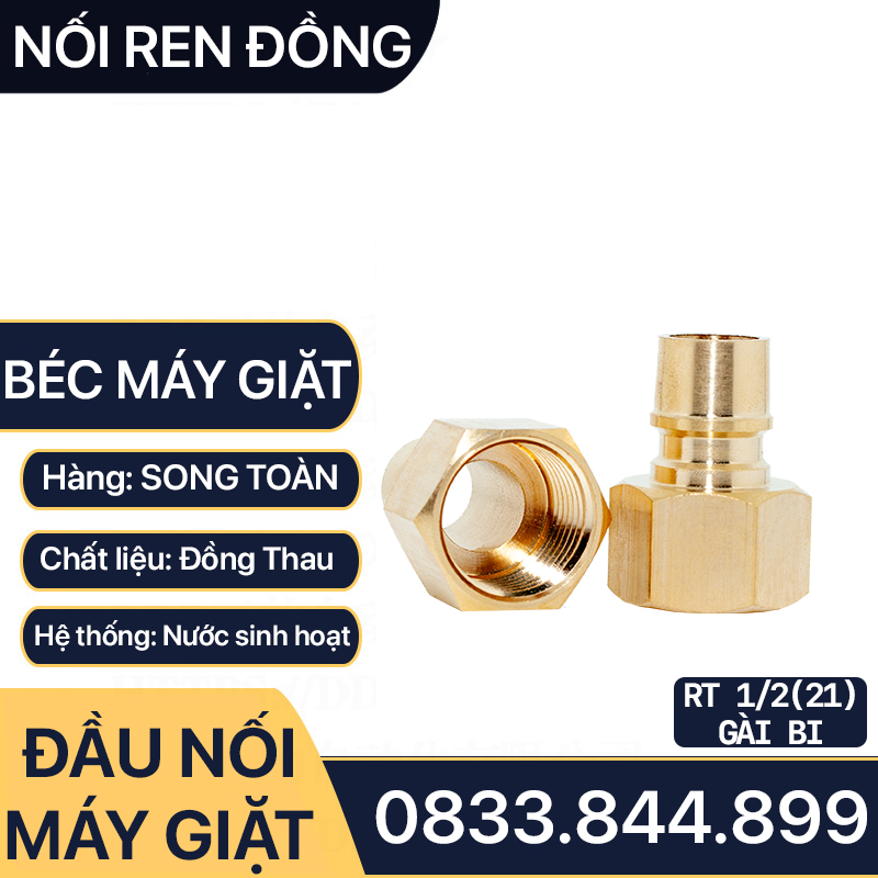 Đầu Nối Máy Giặt, Béc Máy Giặt Ren Trong 21 Đuôi Nối Nhanh Gài Bi - Đồng Thau