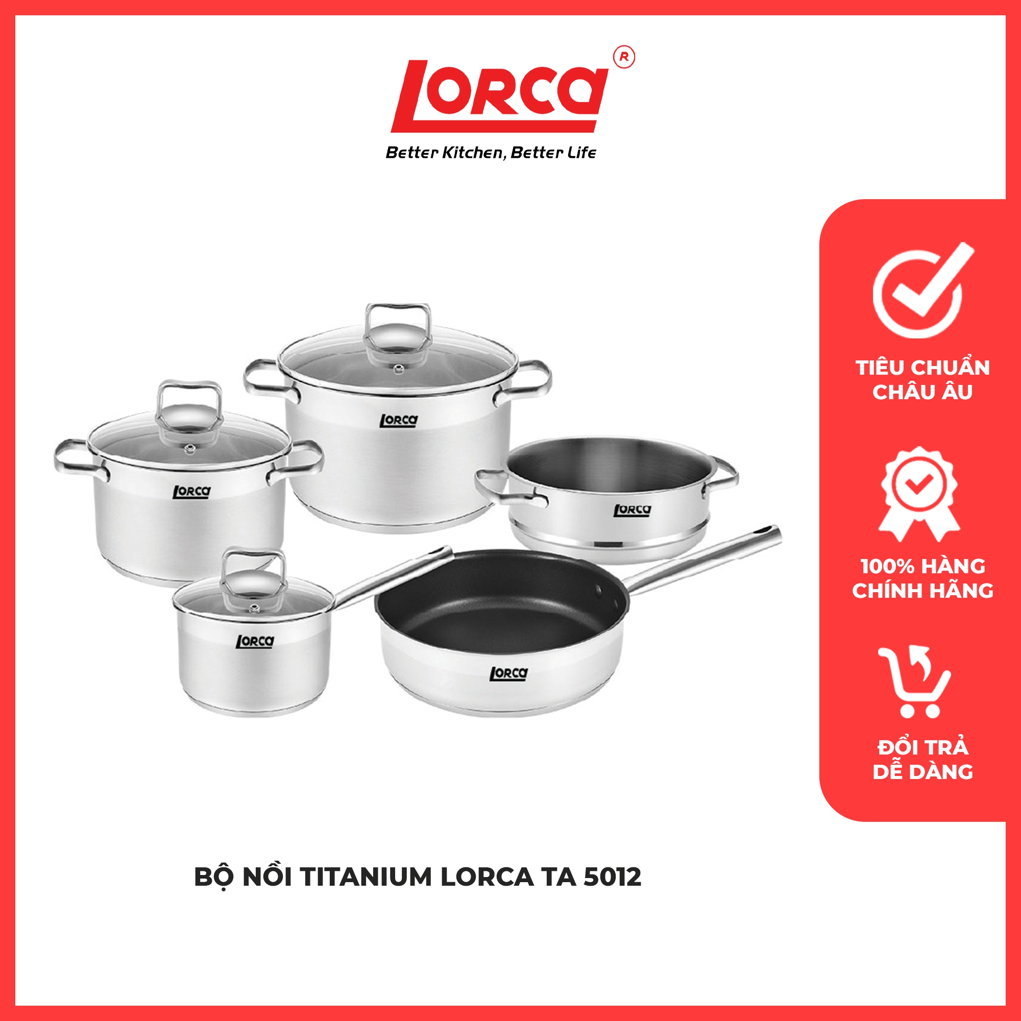 Bộ nồi titanium lorca ta 5012 cấu trúc đáy 5 lớp siêu bền giúp truyền và giữ nhiệt tối ưu, tiết kiệm điện năng lc73 - lorca