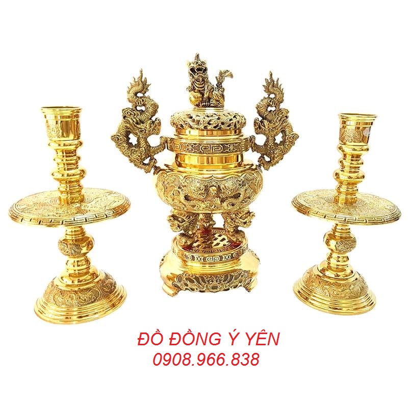 Bộ Tam sự Vĩnh Tiến bằng đồng vàng đỉnh tròn số 0 cao 28 cm -ĐỒ ĐỒNG Ý YÊN