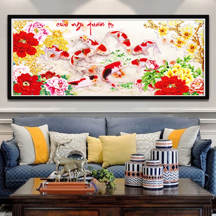 Tranh Thêu Chữ Thập 3D Cửu Ngư Quần Hội, Kích Thước 125x61cm (Tặng Bộ Phụ Kiện Tranh Thêu Chữ Thập)