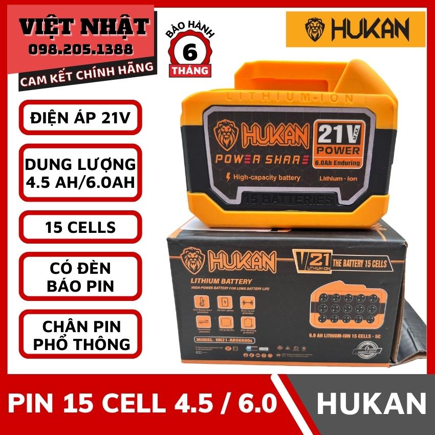 Pin 21V Hukan 15 cell dung lượng 4.5Ah và 6.0Ah chính hãng giá rẻ, chân pin phổ thông, có đèn báo - Pin Hukan chân phổ thông 21V dùng cho máy khoan,mài, cắt, siết bulong, cưa xích, khoan bê tông, chuyên vít - Điện máy Việt Nhật