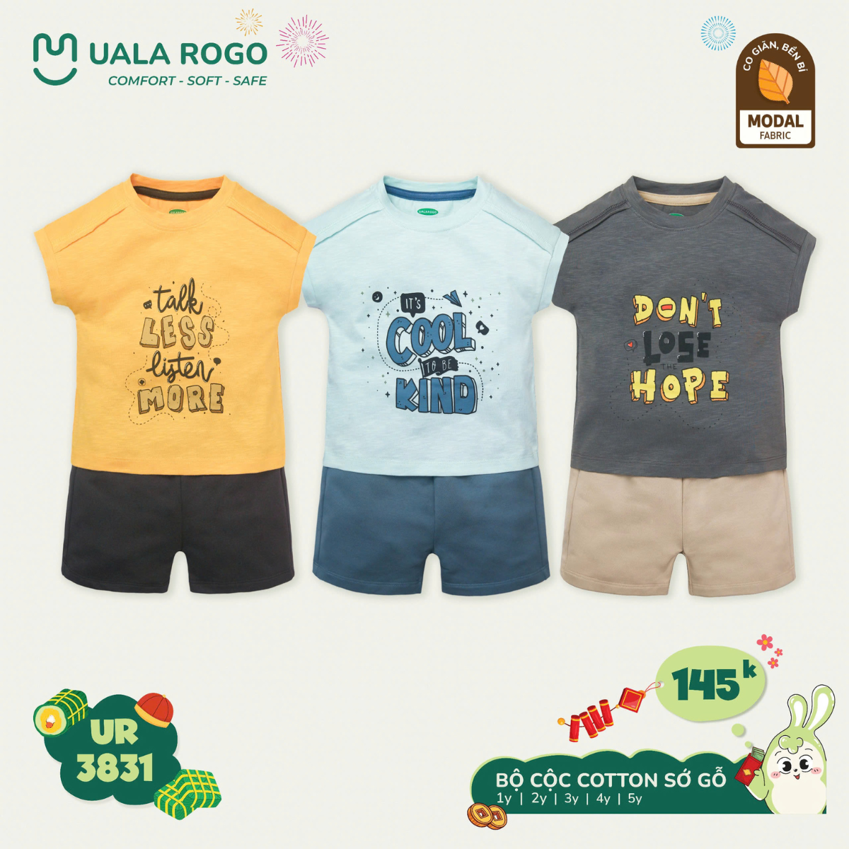 Bộ cộc tay cho bé Ualarogo sát nách 1-5 tuổi vải Cottn sớ gỗ co giãn thấm hút mềm mại 3831