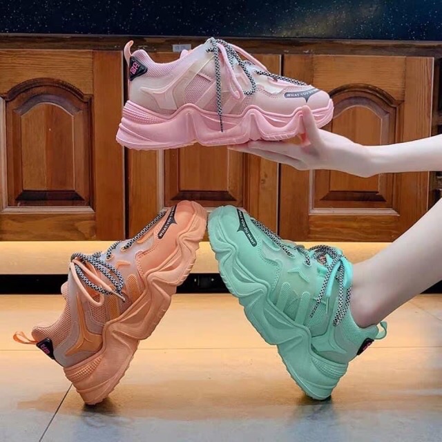 Giày thể thao nữ độn đế dây kép màu ngọc, giày snaeker hot hè trend 2020