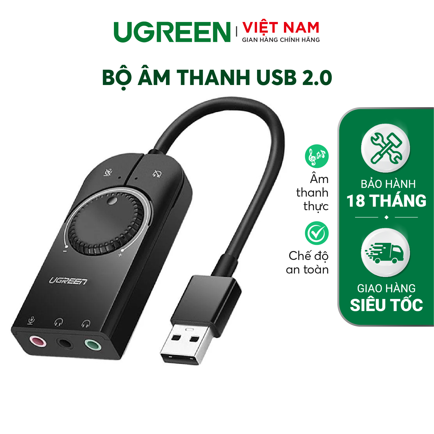 Bộ chuyển đổi âm thanh UGREEN CM129 | Chuyển từ USB sang 3 cổng 3.5mm | Chip SSS1629 DAC 48KHz/16bit | Bảo hành 18 tháng 1 đổi 1| 40964.
