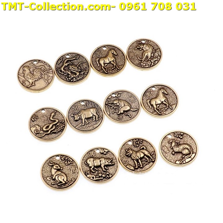 [HCM]Bộ 12 Mặt Đồng Xu Đồng 12 Con Giáp Xỏ lỗ đeo dây làm đồ treo móc khóa khảm thủ công mỹ nghệ làm quà tặng độc lạ ý nghĩa-TMT Collection-SP002442