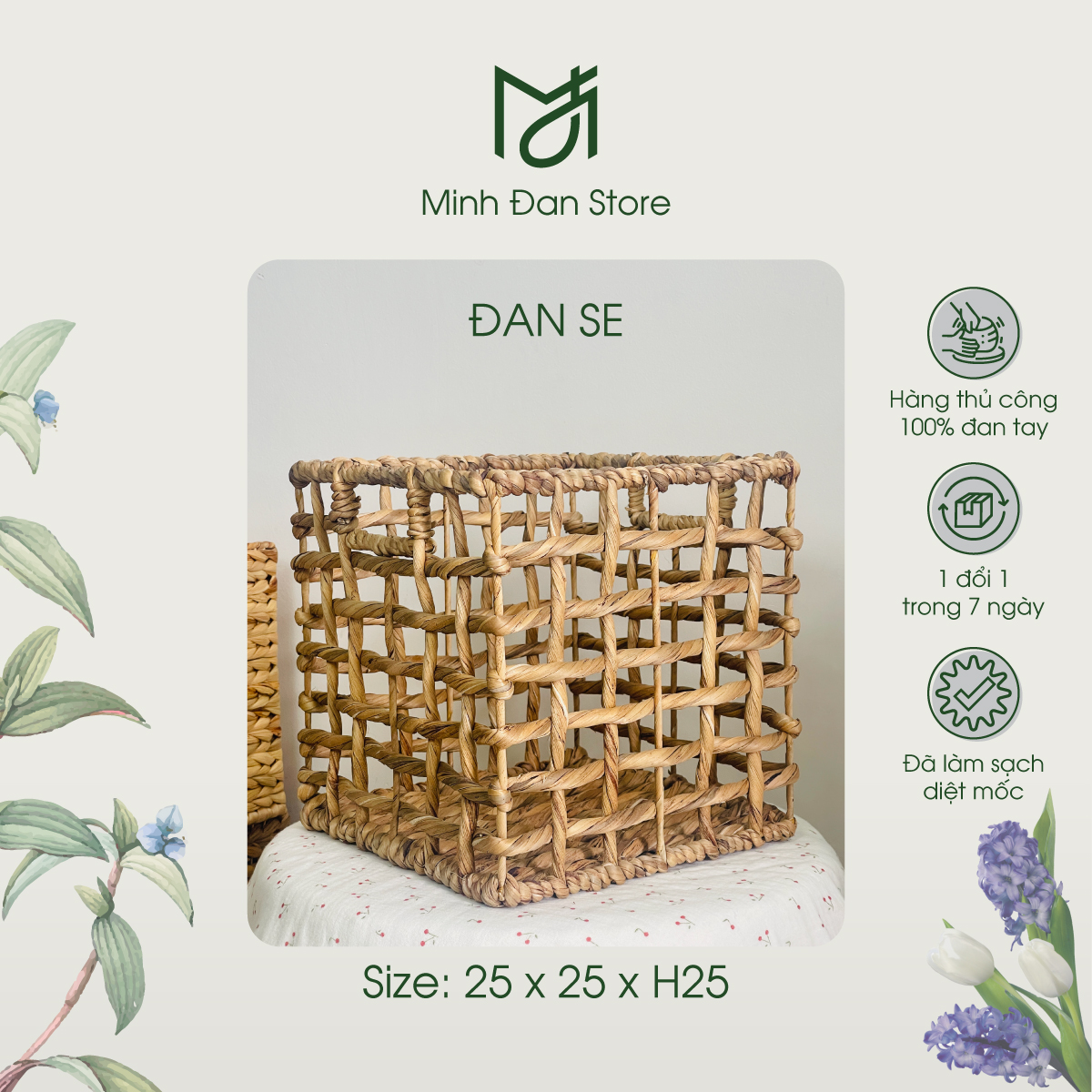 Giỏ lục bình vuông đan ô vuông decor nhà cửa, đựng đồ đa năng, giỏ đựng quần áo. Khung sắt chắc chắn