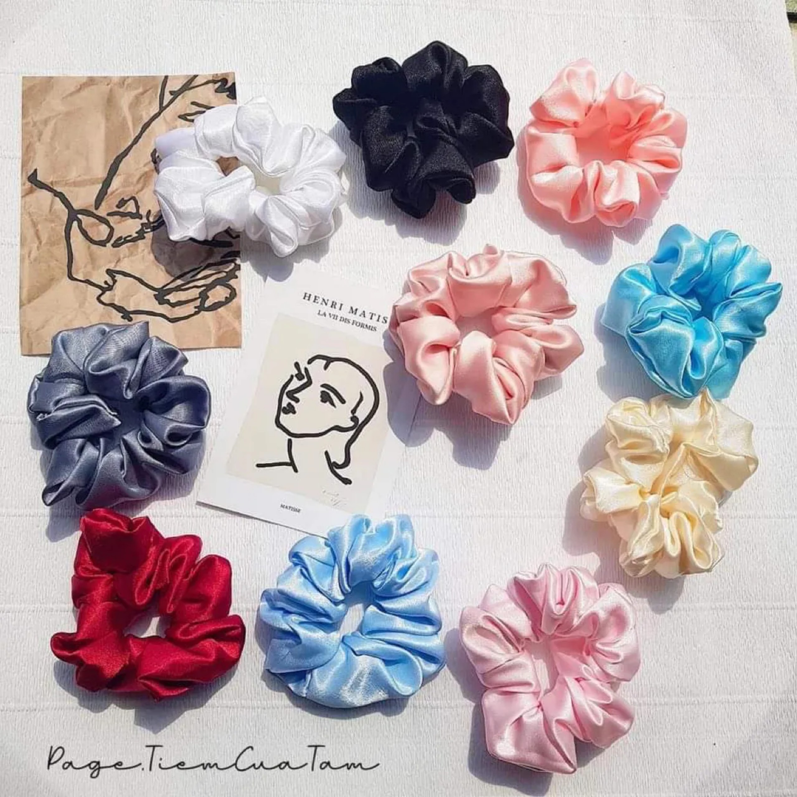 Dây cột tóc, buộc tóc vải lụa bóng scrunchies 6x13cm dễ thương nhiều màu siêu to