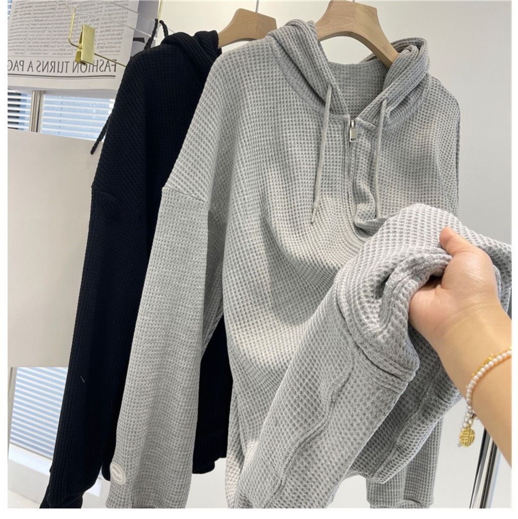 Áo Khoác Mỏng Unisex Tổ Ong  Dài Tay Khóa Kéo Dáng Rộng 2 Màu