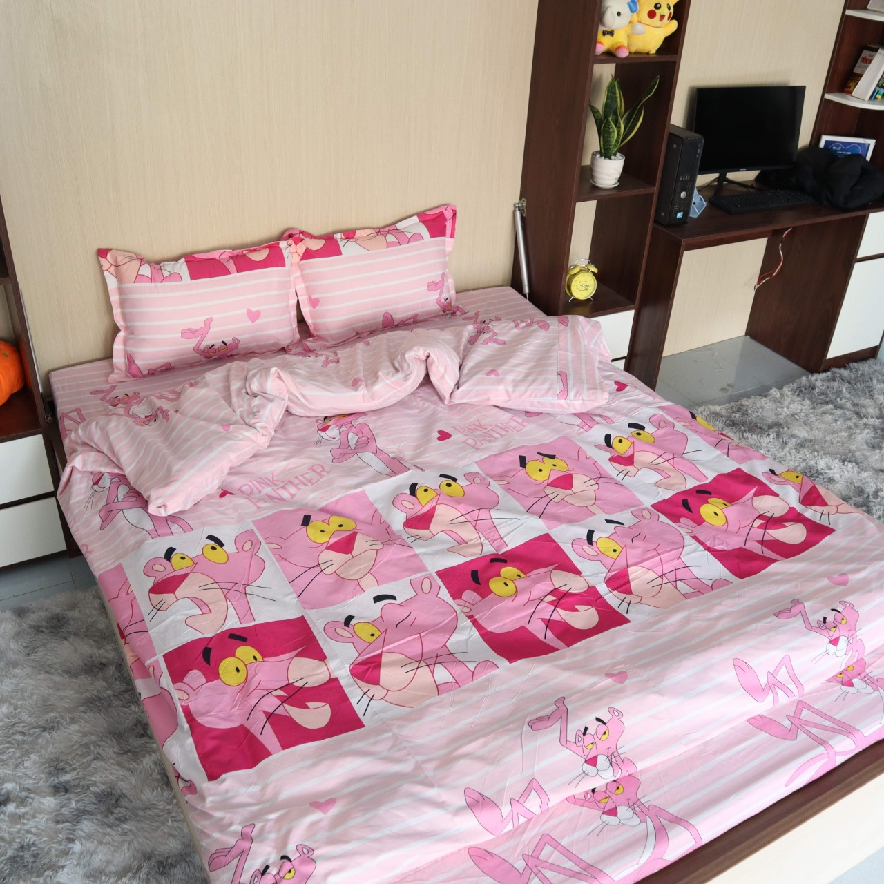 Set Vỏ Chăn Ga Gối 5 Món Cotton Poly Mẫu BÁO KẺ HỒNG, Bền Màu Không Xù (1 Drap bo chun + 2 vỏ gối + 1 vỏ chăn + 1 vỏ gối ôm)