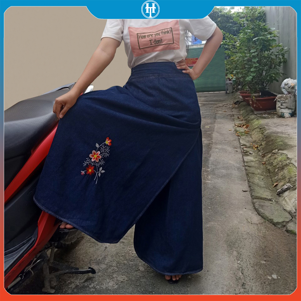 Váy Chống Nắng Jean Kiểu Dáng Xẻ Tà Cho Nữ Dày Dặn Có Túi Và Nút Bấm Chân Thêu Hoa Đào JHTX05 H&T FASHION