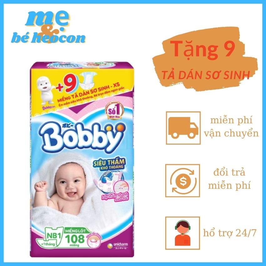 Tả bỉm bobby miếng lót sơ sinh newborn 1-108 miếng dành cho bé dưới 1 tháng tuổi + mevabeheocon123