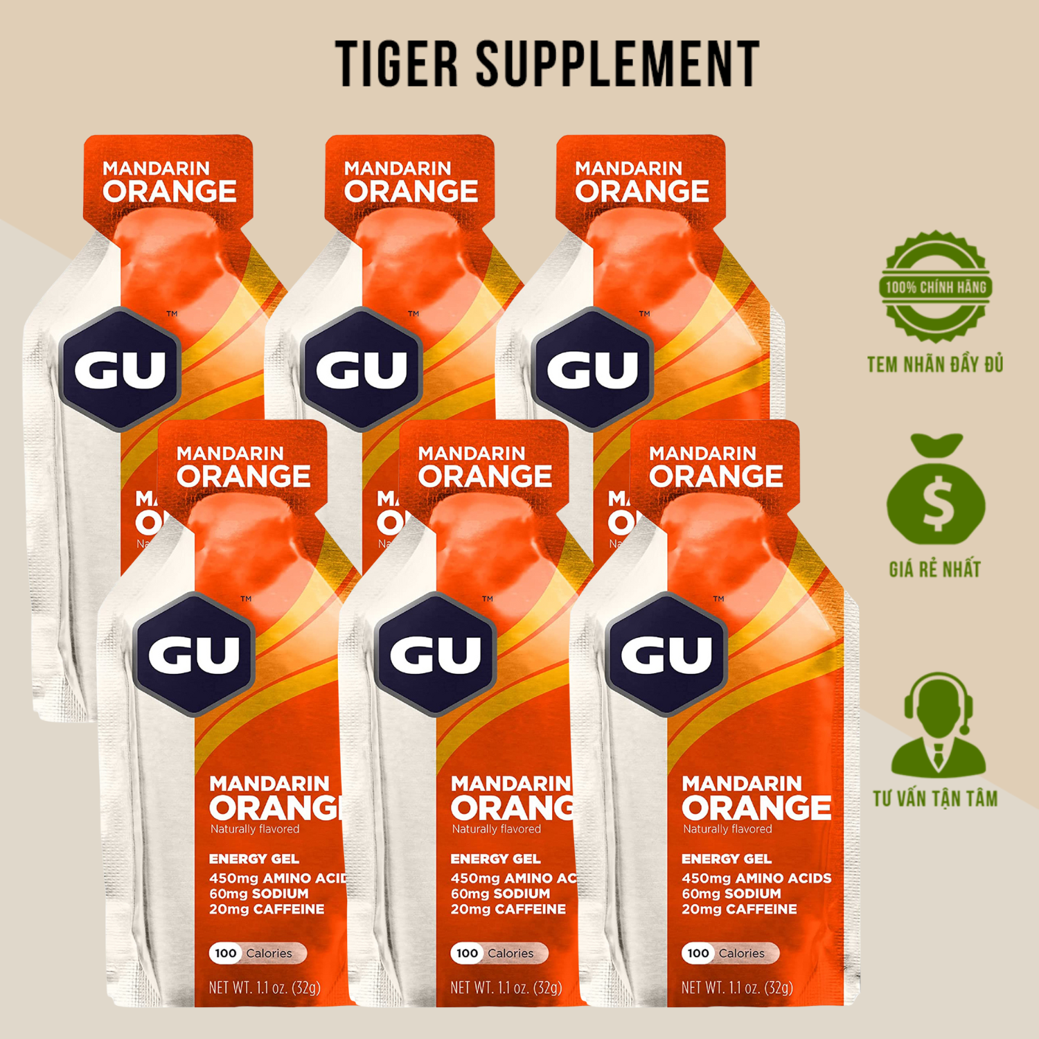 (COMBO 6 GÓI) Gu Energy Gel – Mandarine Orange Gói Gel Bổ Sung Năng Lượng Thể Thao Đạp Xe, Leo Núi, Trekking