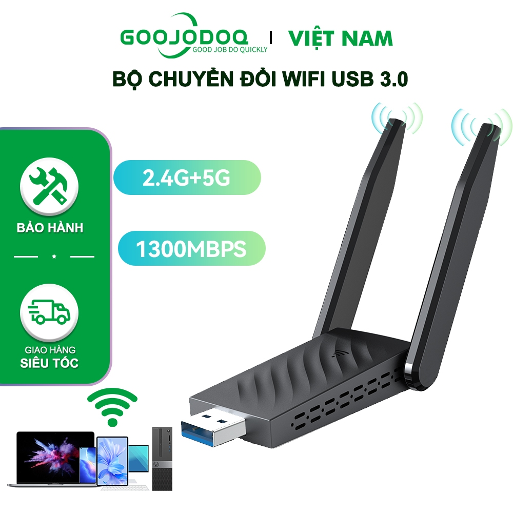 USB Thu Sóng wifi Goojodoq 1300mbps USB 3.0 2 Râu Kết Nối Mạng Không Dây 2.4G+5G Bộ Thu Phát WiFi Cho Máy Tính