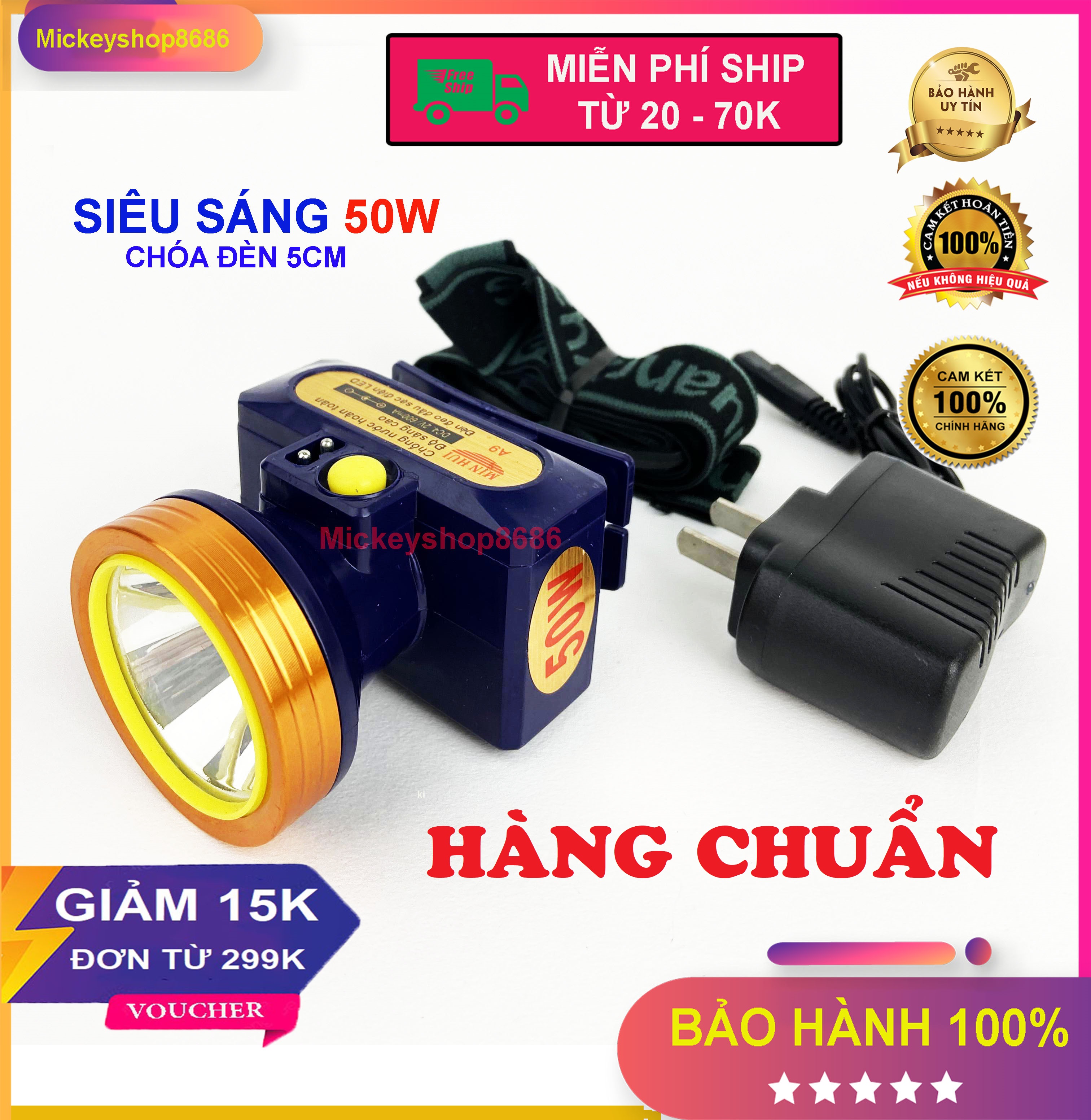 Đèn pin đội đầu MINHUI A9 LED 50W chống nước ánh sáng vàng hoặc ánh sáng trắng đi rừng soi ếch ..