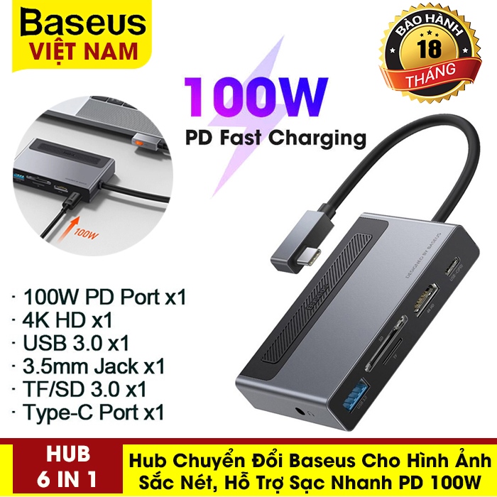 [BẢO HÀNH 12 THÁNG] Hub chuyển đổi Baseus 6 trong 1, hỗ trợ thẻ TF, SD, sạc nhanh PD 100W, hình ảnh 4K sắc nét dùng cho điện thoại, máy tính bảng, laptop,..