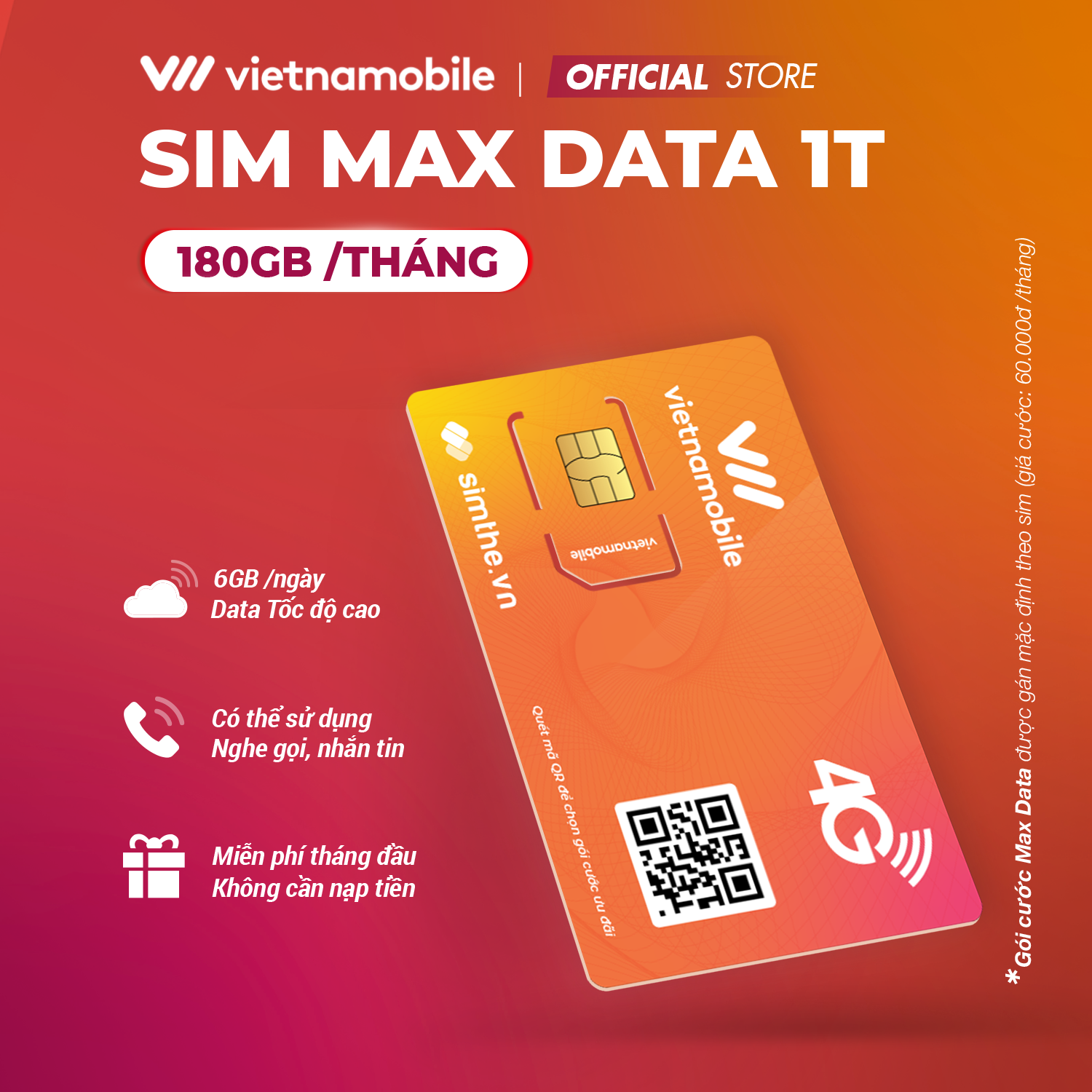 Sim Max Data 4G 6GB/Ngày - 180GB/Tháng. Sim Chưa Kích Hoạt, Miễn Phí 30 Ngày Không Cần Nạp Tiền. Sản Phẩm Độc Quyền VIETNAMOBILE - SIMTHE.VN