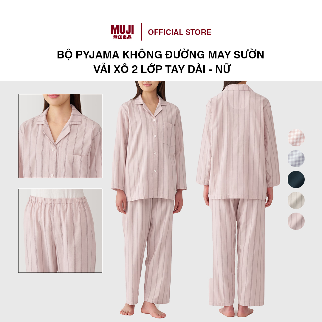 Bộ pyjama không đường may sườn vải xô 2 lớp tay dài - nữ muji