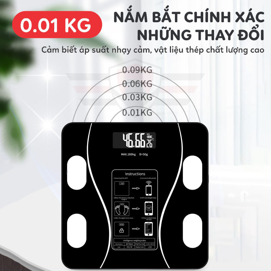 Cân điện kết nối bluetooth tới 180kg, Cân điện tử thông minh với thiết bị phân tích chỉ số, đo lường thông minh - Huy Tưởng