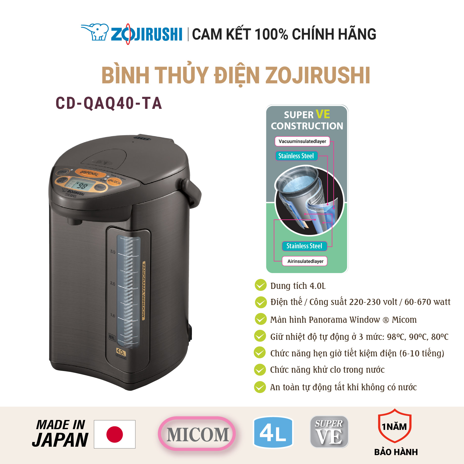 Bình thủy điện zojirushi 670w cd-qaq40-ta 4l, sản xuất tại nhật bản, bảo hành 1 năm chính hãng