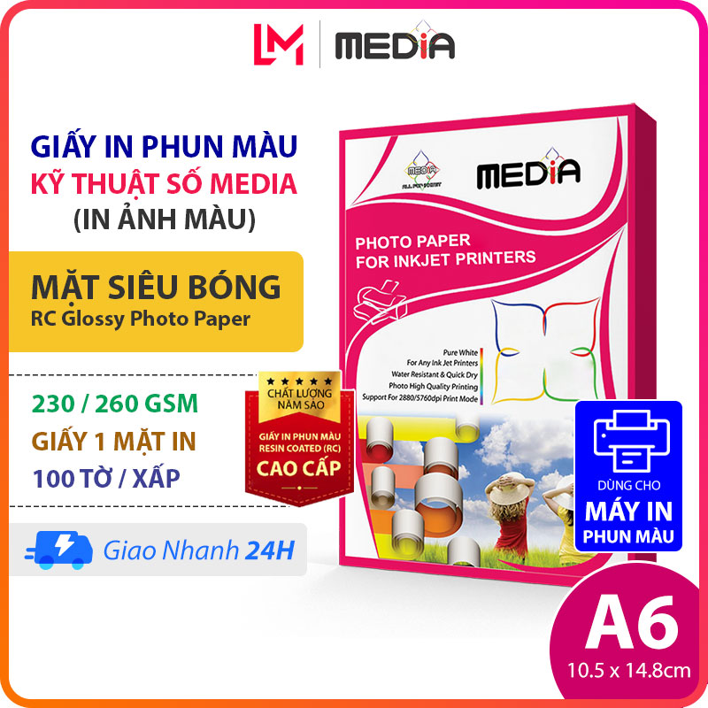 Giấy in ảnh media a6 siêu bóng 1 mặt in 230/260gsm 50 tờ, giấy ảnh cao cấp rc glossy photo paper 10x15, giấy in phun màu a6