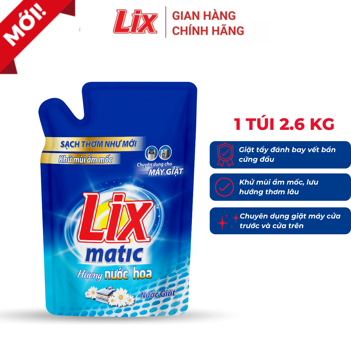 Nước giặt Lix matic mới hương hoa 2.6kg NGM27 giặt tẩy đánh bay mọi vết bẩn, chuyên dụng máy giặt cửa trước - Lixco Việt Nam