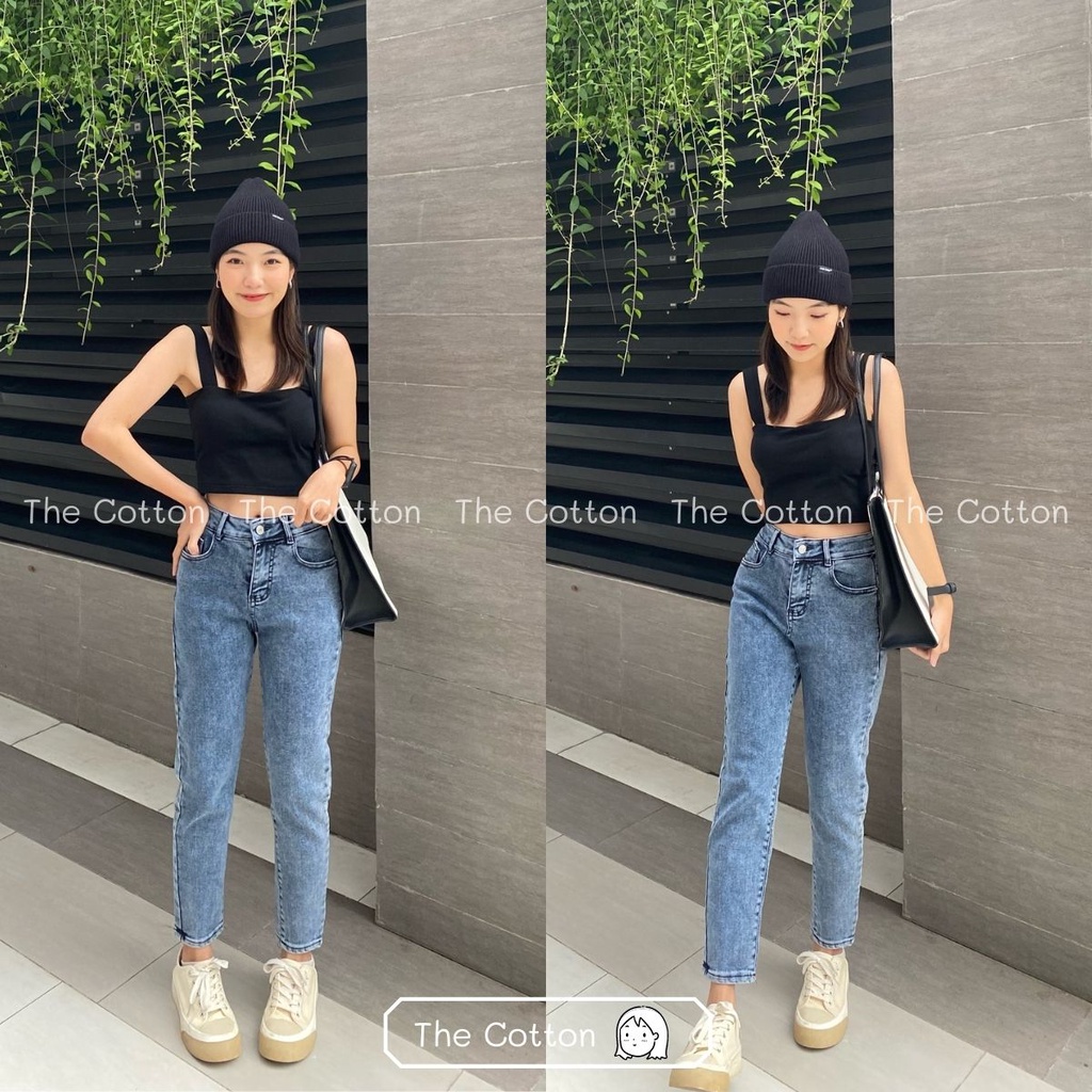 Quần baggy ghi đá lưng cao thecotton quần bò nữ dáng baggy ảnh thật