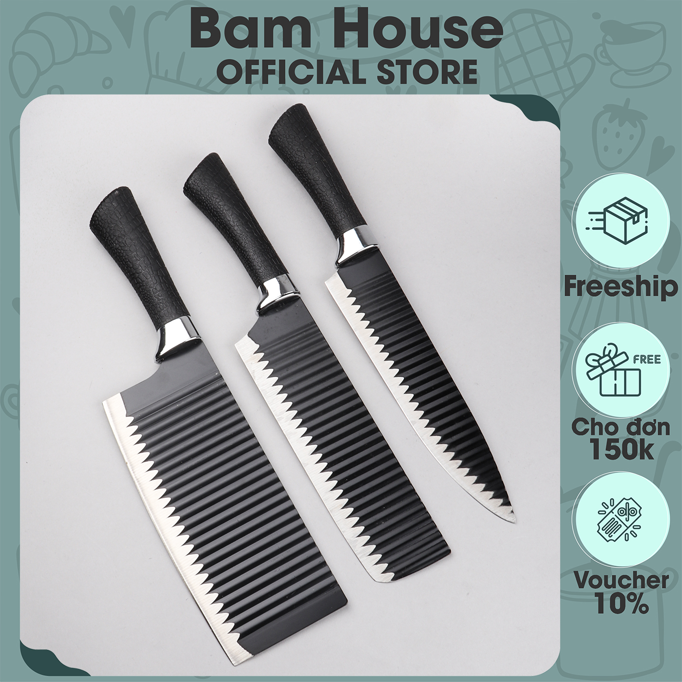 Dao bếp đa năng inox Bam House lưỡi gợn sóng siêu bén cán cao su cao cấp DGS01 - Gia dụng bếp