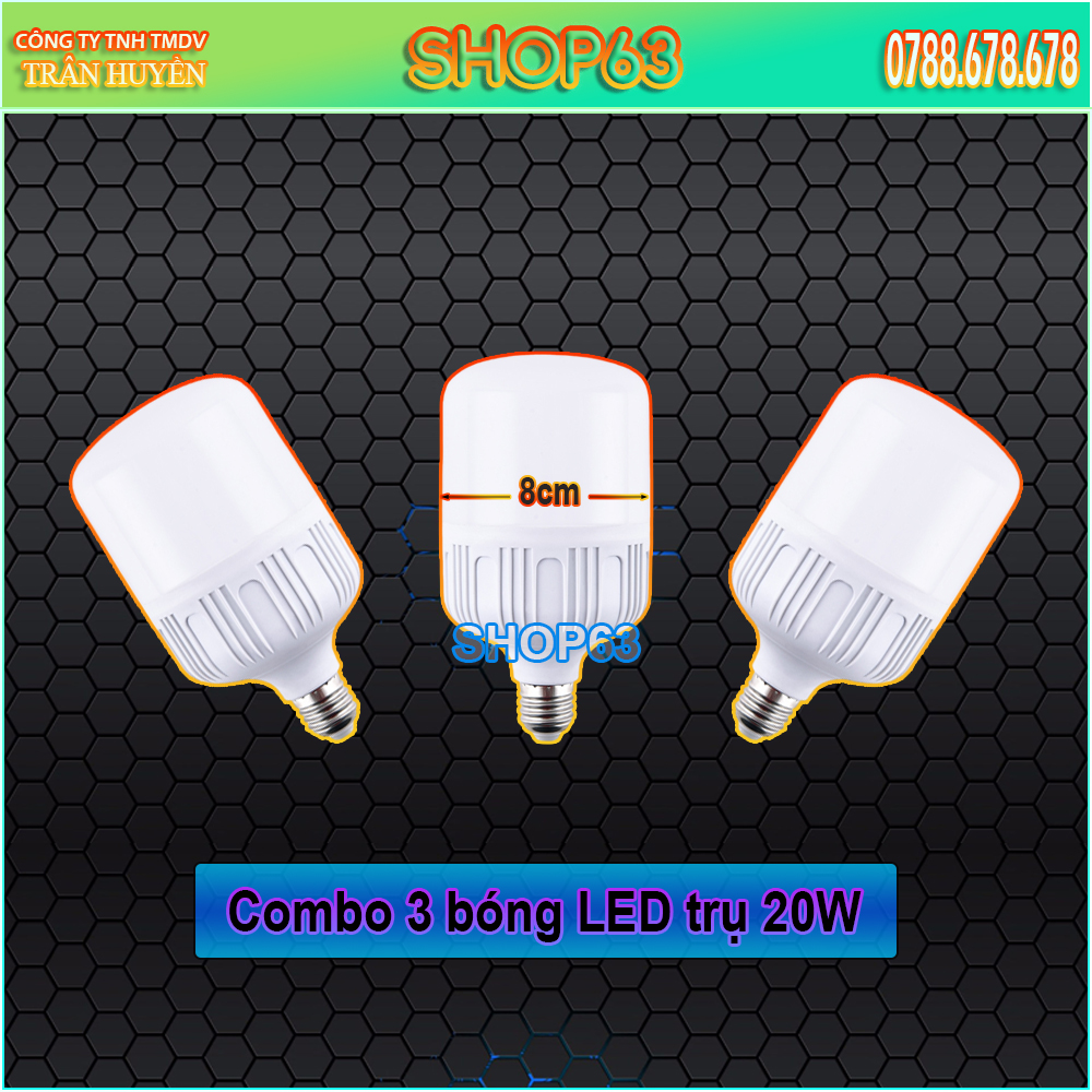 Combo 3 bóng đèn LED trụ tròn 20W - ánh sáng trắng có tản nhiệt nhôm (nguồn 220 rời - tăng tuổi thọ đèn - đường kính 8cm)