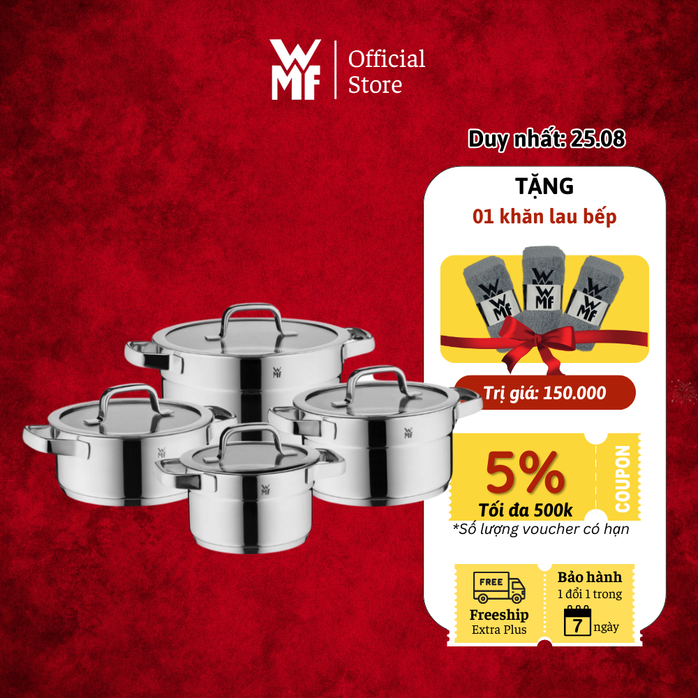 Bộ nồi wmf compact cuisine 4 món cookware set chất liệu thép không gỉ p&p, dùng cho mọi loại bếp - 0790046380