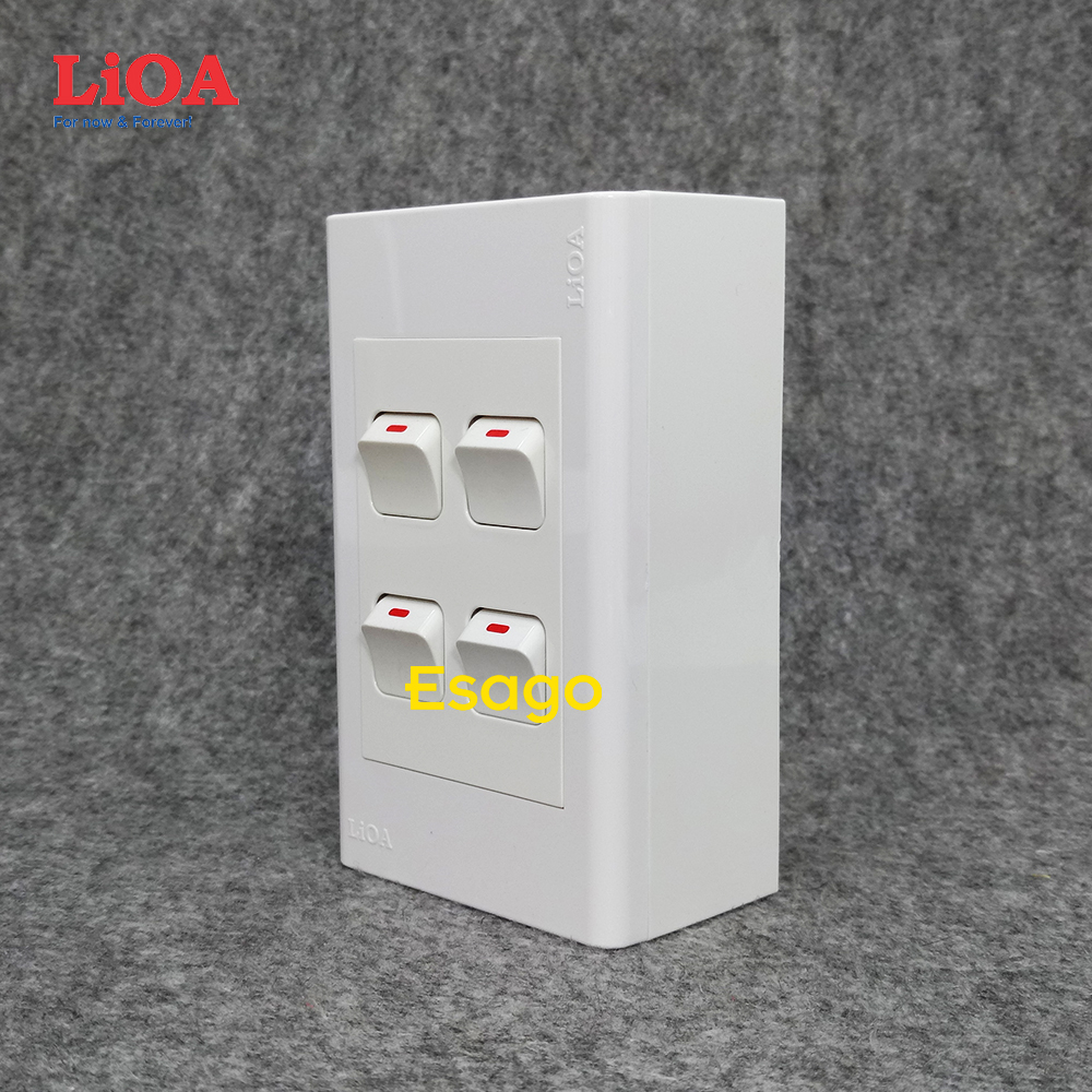 Combo 4 công tắc điện 1 chiều + mặt lỗ vuông LiOA + Đế nổi