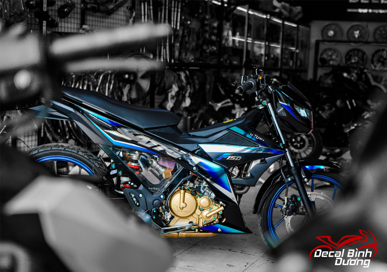 Tem rời satria 150 xanh đen chrome - đổi được qua xe raider - tem satria đẹp - decal satria giá rẻ