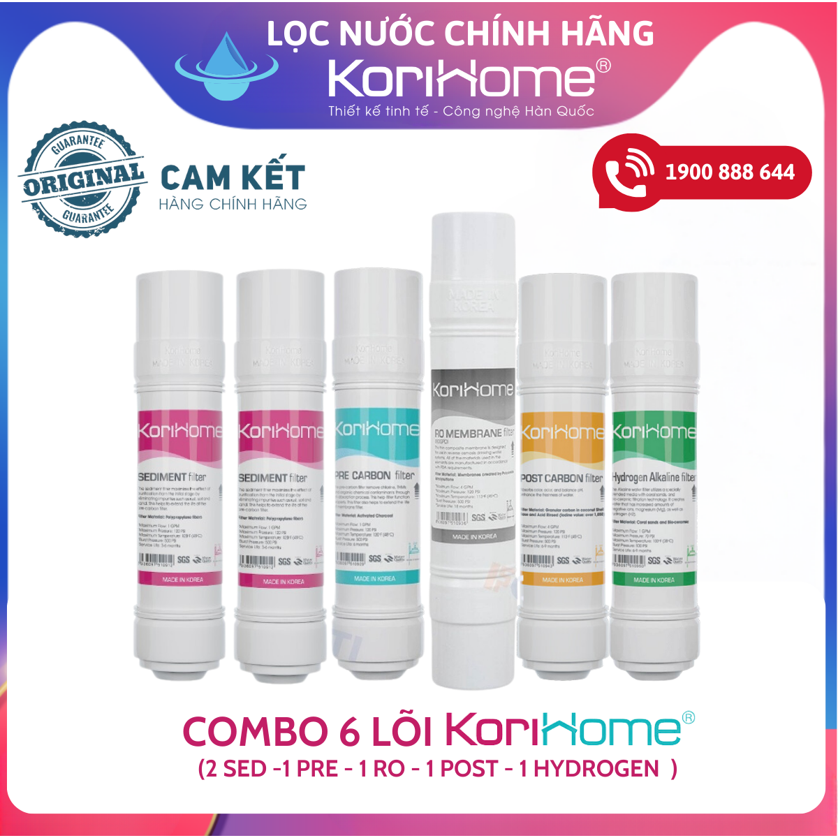 Combo 6 lõi lọc nước Korihome chính hãng dùng cho máy lọc nước Korihome WPK-818 S