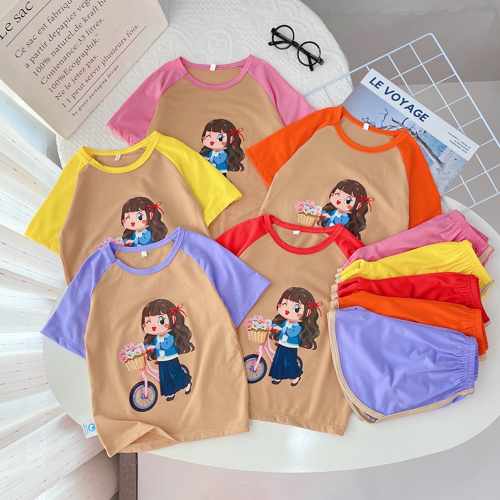 Bộ đồ bé gái-in bé gái xe đạp-,chất vải thun co giãn 4 chiều từ 10kg đến 25kg-HOÀNG NAM KIDS