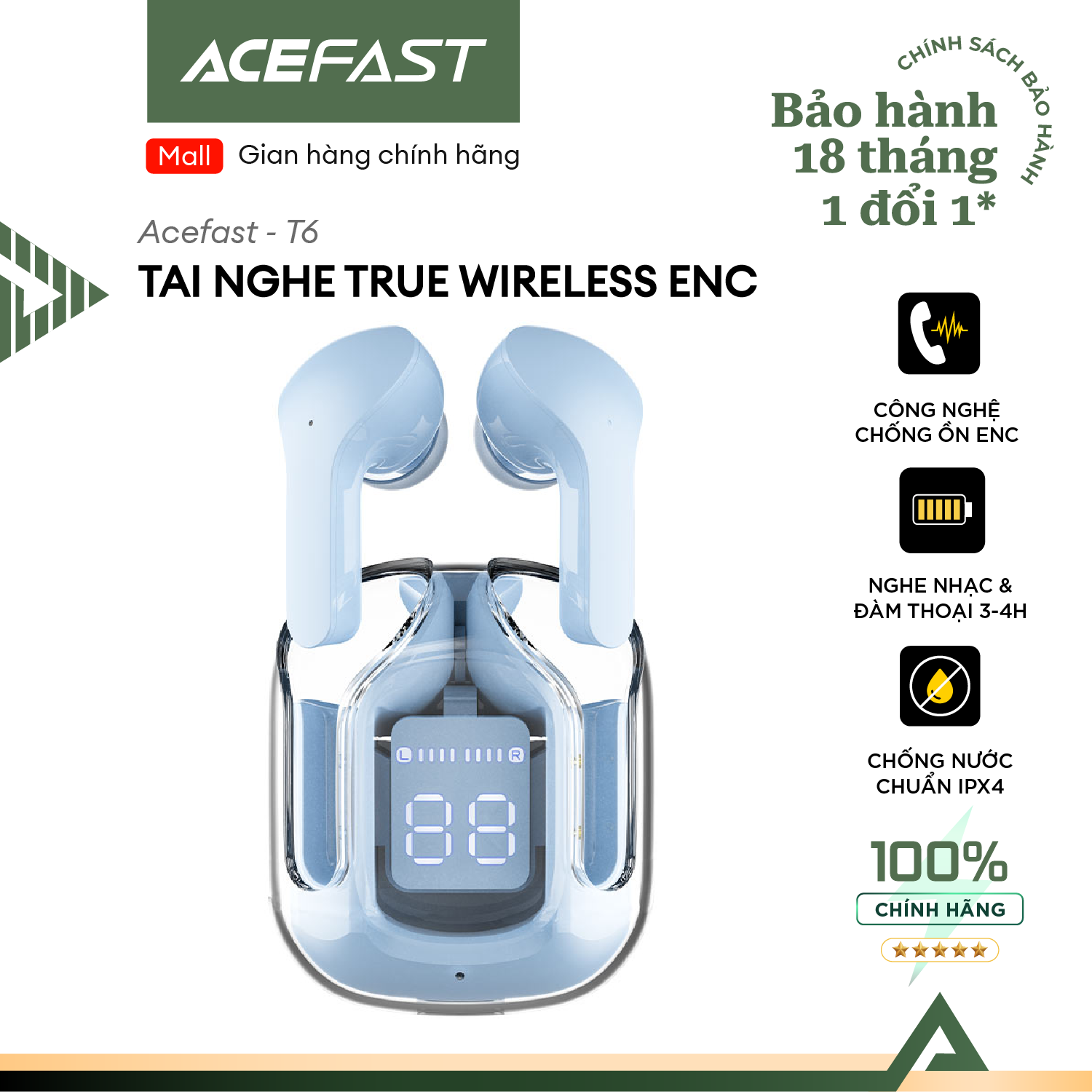 Tai nghe bluetooth acefast t6 true wireless, giảm ồn enc, hộp sạc trong suốt, có màn led hiển thị - t6 hàng chính hãng