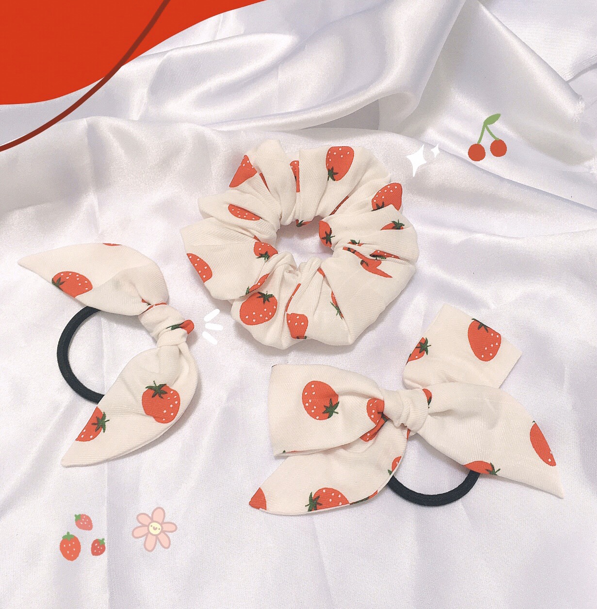 Cột tóc scrunchies - cột nơ vải trái dâu đỏ siêu dễ thường - cột tóc hottrend