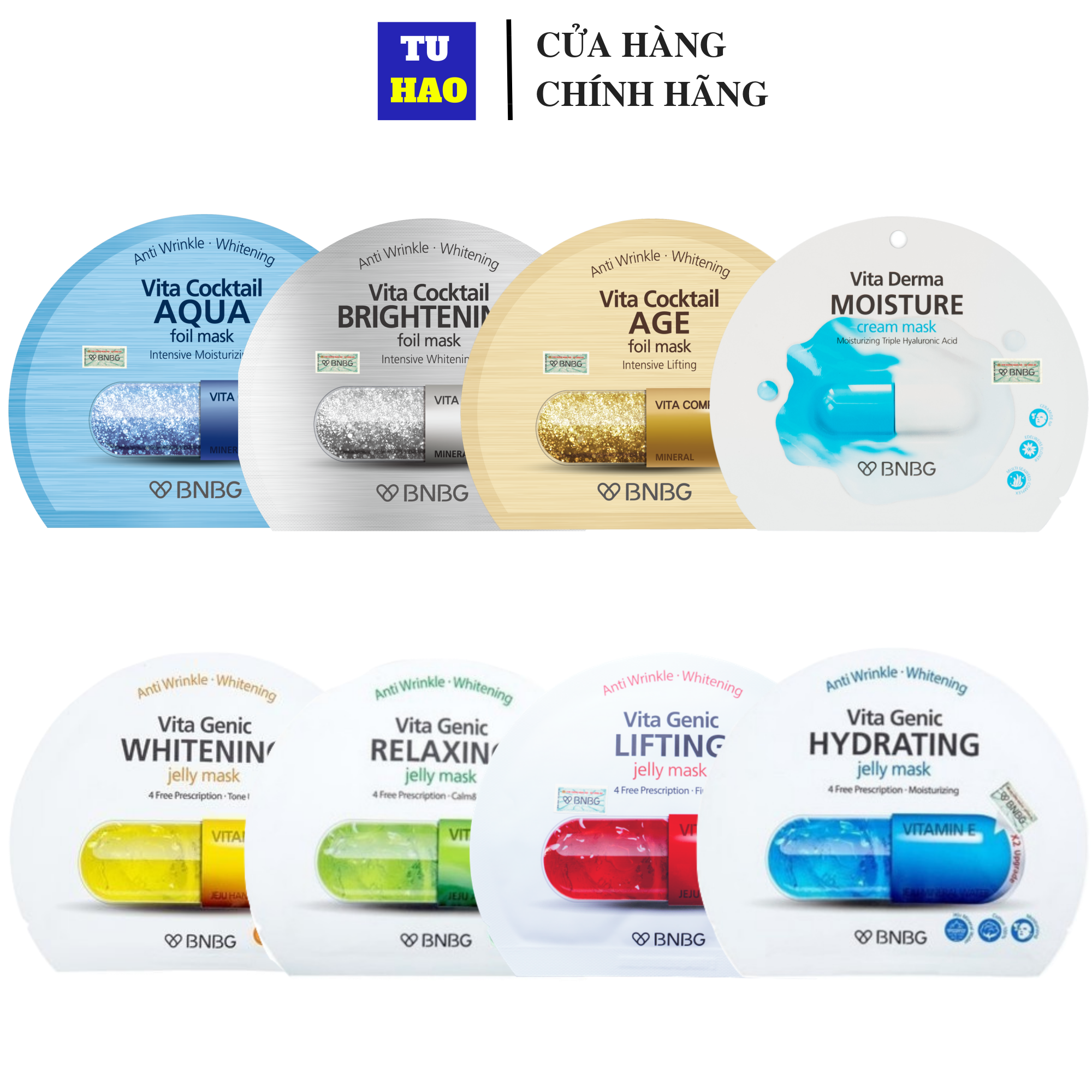 Combo 8 mặt nạ dưỡng ẩm bnbg mix vita genic và cocktail jelly mask 30mlx8