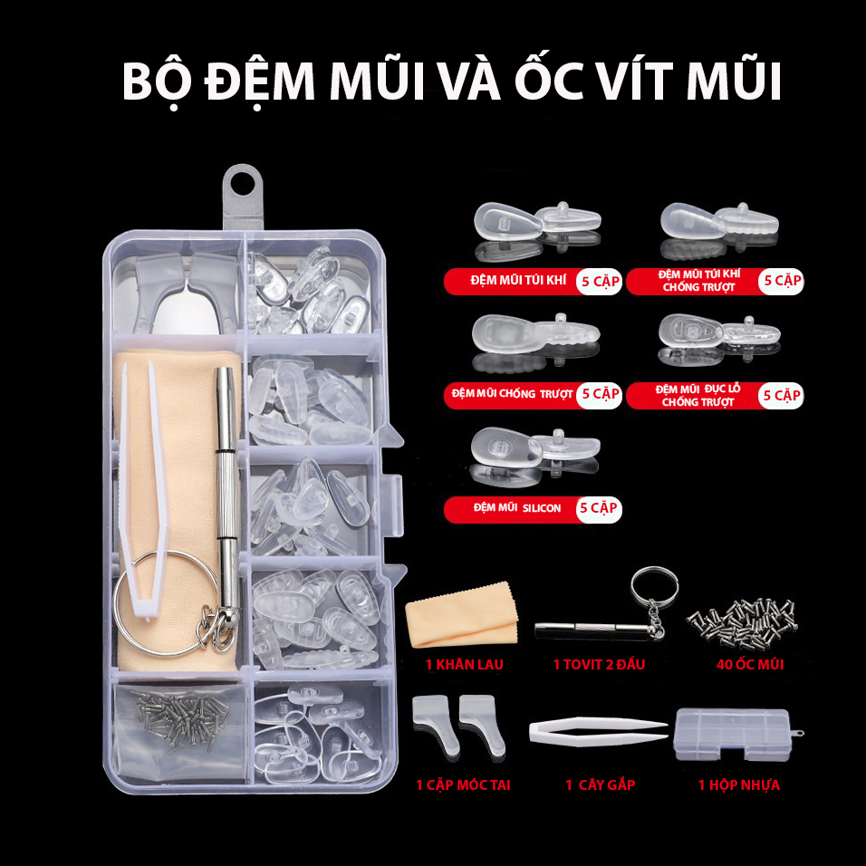 Hộp Full Set 5 Loại Đệm Mũi ( Ve Kính ) Ốc Vít Gài Tai Khăn Lau Tô Vít Mini 2 Đầu - BLUE LIGHT