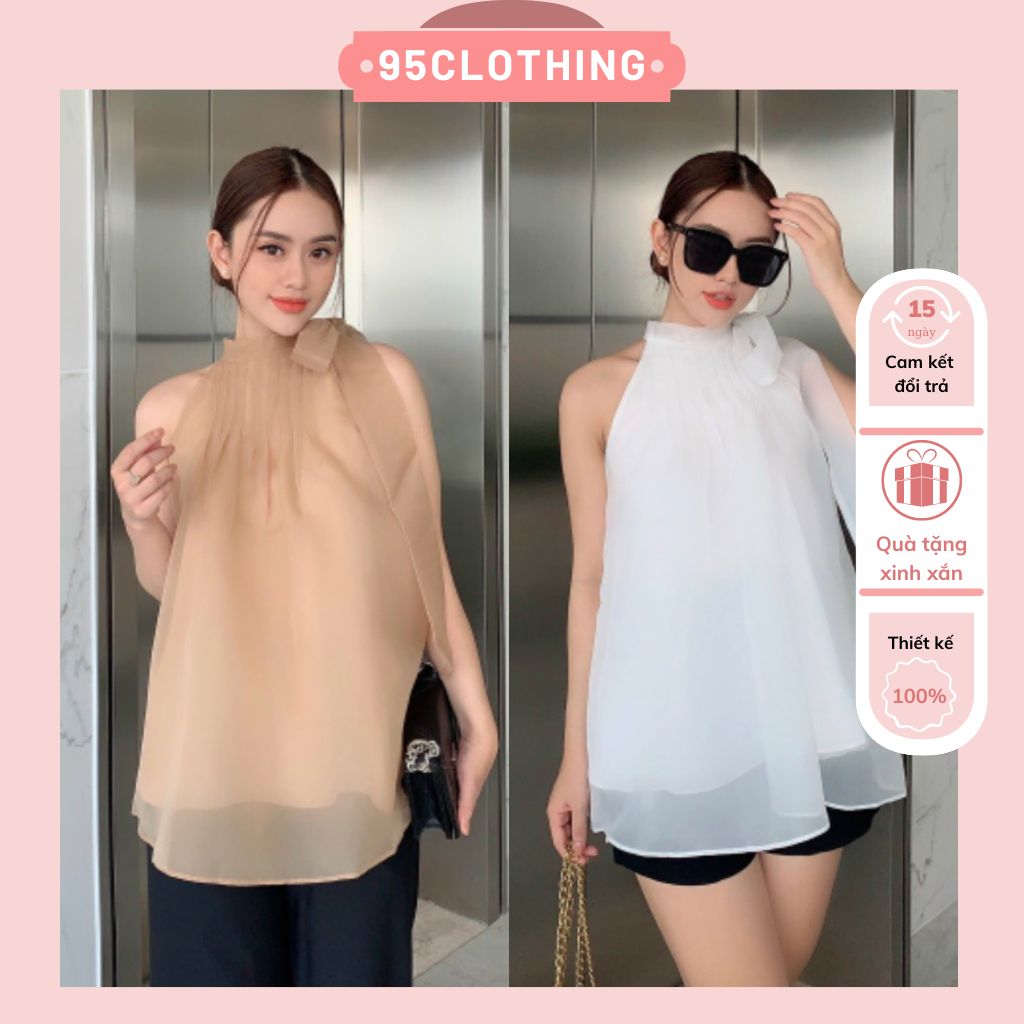 Áo voan nữ , áo voan tơ cổ yếm xếp li cột nơ 2 màu nude trắng