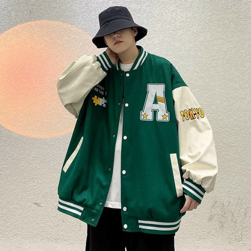 Áo khoác bomber chữ A thêu, Áo khoác bóng chày màu Xanh from rộng TP23