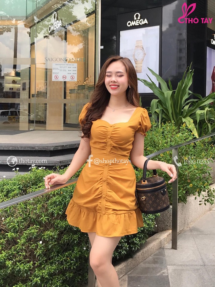 Đầm nữ bẹt vai hàng nút beyeu1688 - by8128