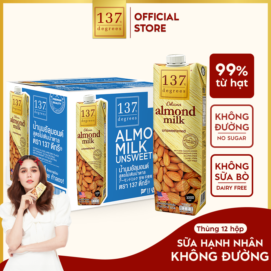 Thùng 12 hộp sữa hạt hạnh nhân không ngọt137 degrees 1000ml, thành phần 99% từ hạt tươi