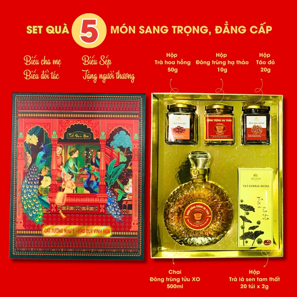 Hộp quà Tết 2024 sang trọng đẳng cấp set quà tặng Tết đông trùng hạ thảo trà hoa cao cấp cực đẹp biếu bố mẹ sếp đối tác