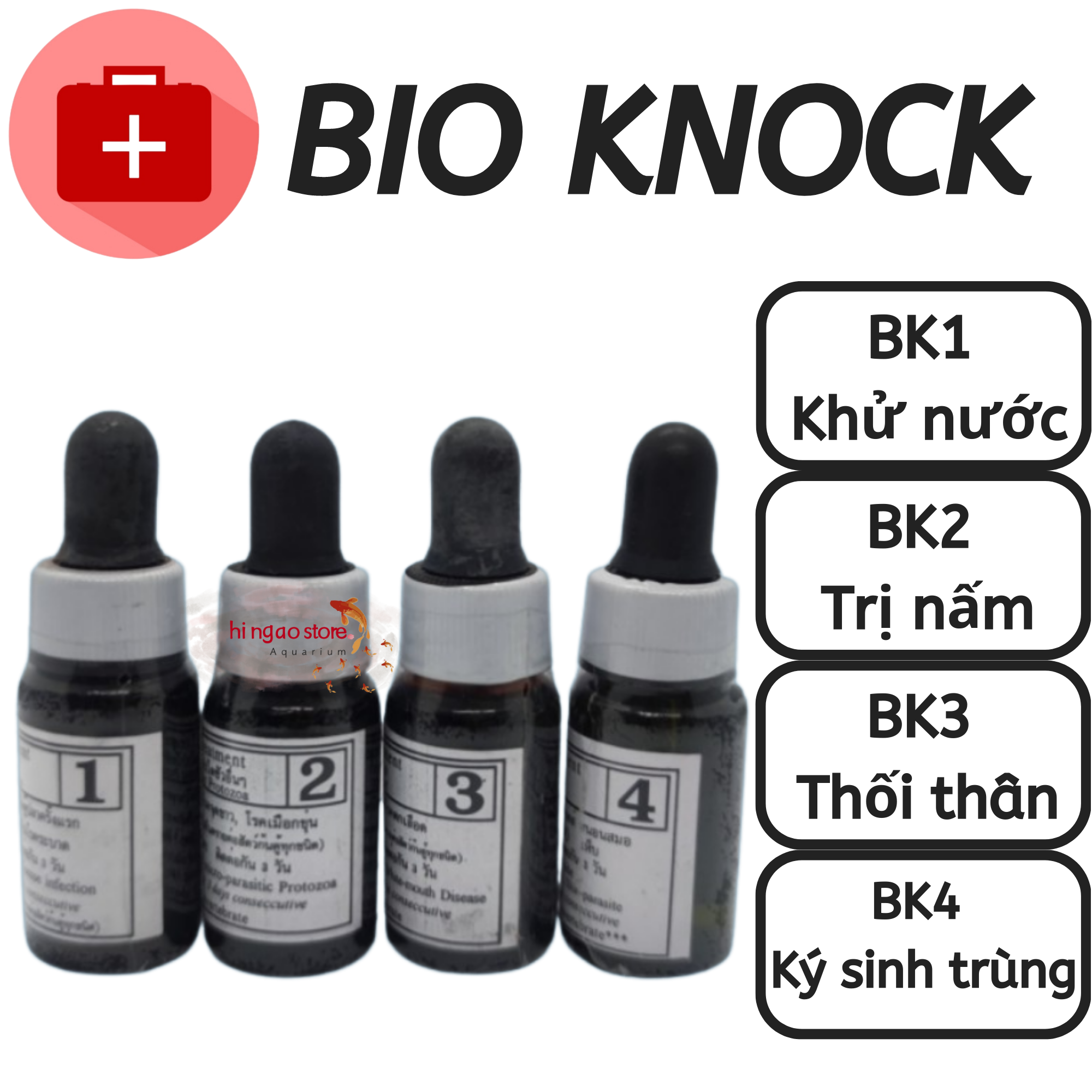 Combo 4 chai: Bio Knock 1, Bio Knock 2, Bio Knock 3, Bio Knock 4 và các sản phẩm lẻ - Sản phẩm giúp cá khỏe | Hingaostore.