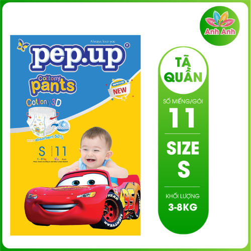 Tã quần em bé Pep.up Cottony size S cho bé từ 3 - 8 kg thấm hút nhanh, khô thoáng, tránh hăm cho bé, bề mặt tã mềm mịn. Gói có 11 miếng/24 miếng/46 miếng cho mẹ dễ chọn.