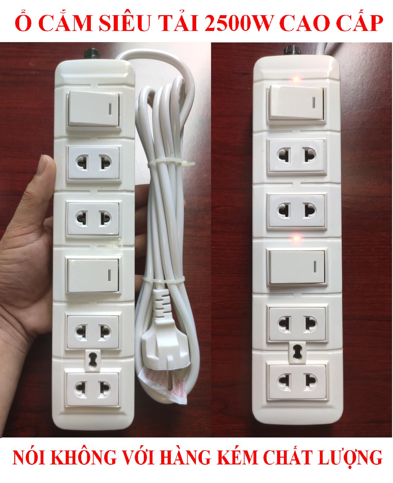 Ổ cắm dài SIÊU TẢI 2500W cao cấp+ BH 02 năm + Dây dài 03 mét + 02 Công tắc nguồn + 02 Đèn LED báo + 04 Ổ cắm lò xo nhíp chống giãn + 01 Cầu chì chống quá tải (bộ 01 sản phẩm)