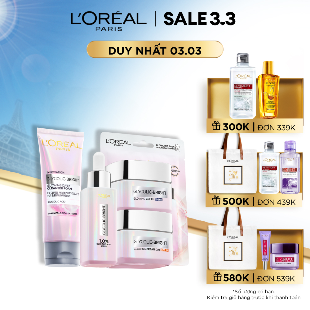 Trọn bộ dưỡng sáng mờ thâm nám L'Oreal Paris Glycolic Bright 1.0% Glycolic Acid