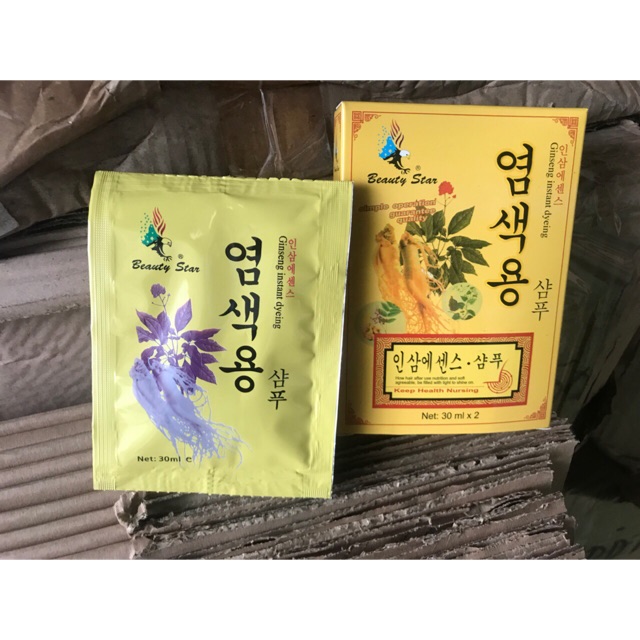 Dầu gội đen tóc Nhân sâm Ginseng Instant Dyeing 30 ml x 10 Dầu gội đen tóc Beauty star  Làm đen tóc một cách tự nhiên, bền màu, Không gây hư tổn cho tóc như khi dùng thuốc nhuộm