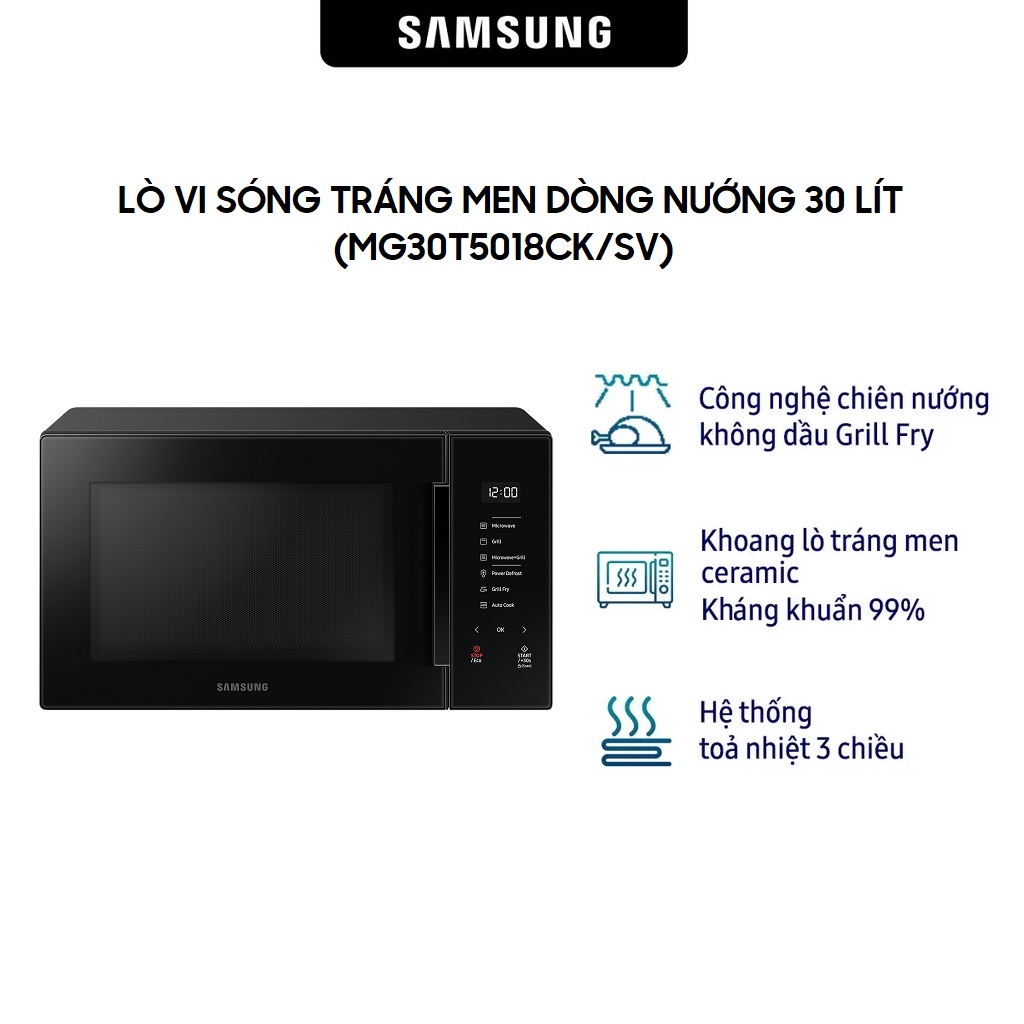 Lò vi sóng samsung mg30t5018ck 30 lít có nướng | công nghệ chiên nướng không dầu grill fry | rã đông nhanh chóng | tráng men ceramic inside | eco mode | hàng chính hãng